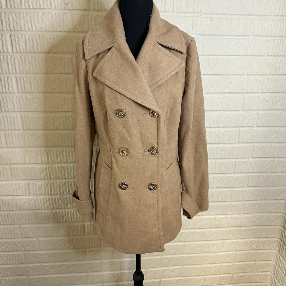 Michael Kors Wool Blend Pea Coat Tan Gold Buttons Pockets Women's Size S‎